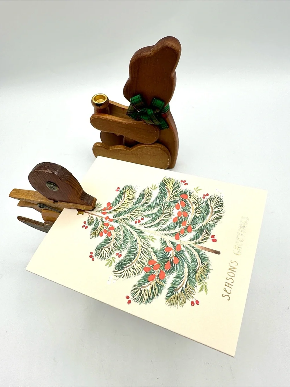 Hand Crafted Wooden Bear Candle Holder & Duck that holds cards. Folk Art